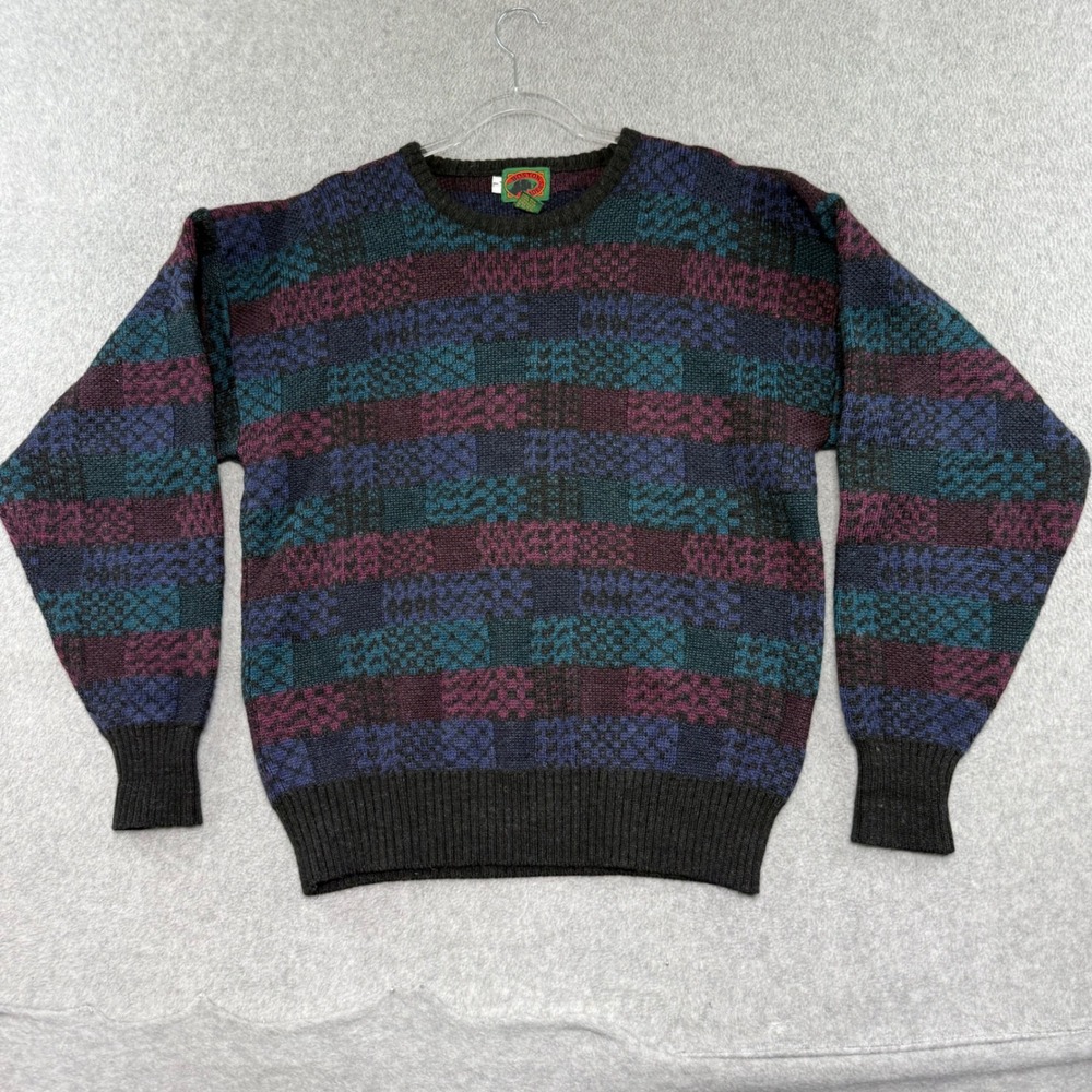 Boston Traders Sweater Mens L Vintage Funky Pure Wool Striped Knit Crewneck